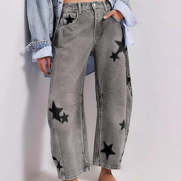 Night Sky Grey/Black Contrasting Stars Baggy Barrel Cut Boyfriend Jeans Pants - Picture 6 of 7